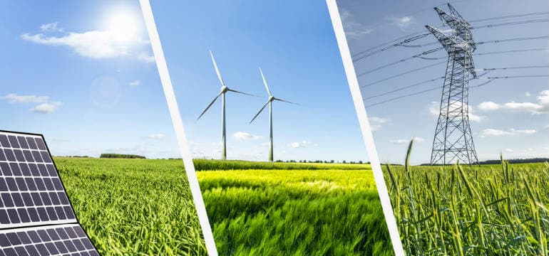 Bild på solceller, vindkraftverk och elnät i svenska sommaren